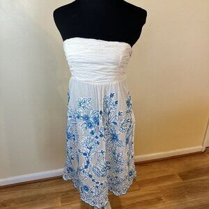 Vanessa Virginia Anthropologie Womens Strapless Dress White Blue Embroidery 12